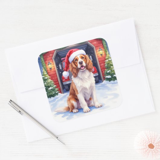 English Springer Spaniel Fire Station Santa Vierkante Sticker (Envelop)