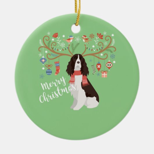 English Springer Spaniel Kerstreindeer Dog Keramisch Ornament (Voorkant)