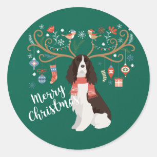 English Springer Spaniel Kerstreindeer Dog Ronde Sticker