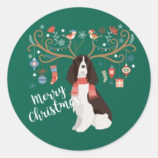 English Springer Spaniel Kerstreindeer Dog Ronde Sticker (Voorkant)