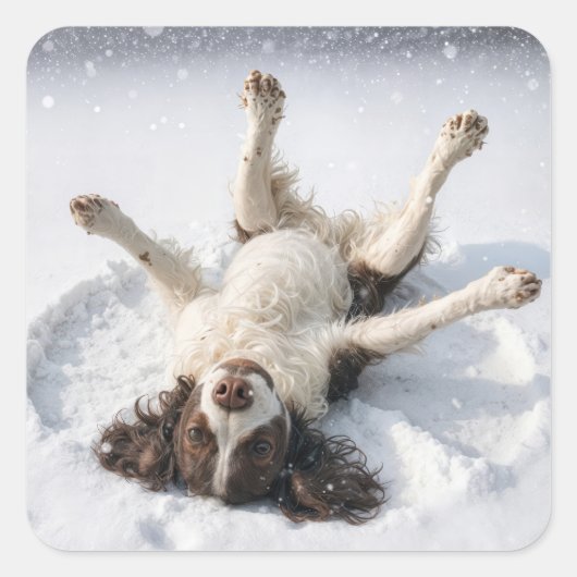 English Springer Spaniel Making a Snow Angel Vierkante Sticker (Voorkant)
