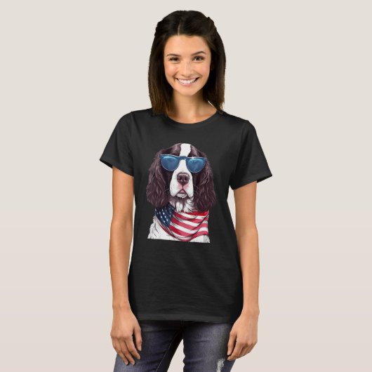 English Springer Spaniel with USA Flag 4th of July T-shirt (Voorkant volledig)