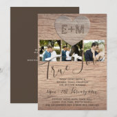 Engraded Heart Rustic Photo Initialen Wood Wedding Kaart (Voorkant / Achterkant)