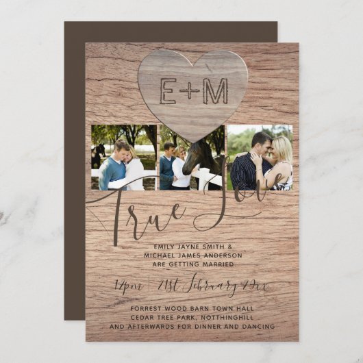 Engraded Heart Rustic Photo Initialen Wood Wedding Kaart (Voorkant / Achterkant)
