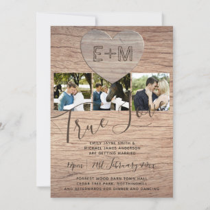 Engraded Heart Rustic Photo Initialen Wood Wedding Kaart