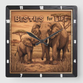 Engraved Besties Elephant Mother Calf Vierkante Klok (Voorkant)