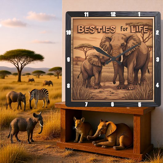 Engraved Besties Elephant Mother Calf Vierkante Klok