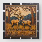 Engraved Deer Pair Sunset Forest Vierkante Klok (Voorkant)
