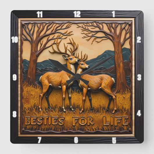 Engraved Deer Pair Sunset Forest Vierkante Klok (Voorkant)