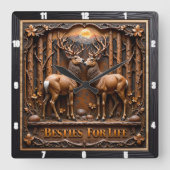 Engraved Deer Stag Pair Forest Vierkante Klok (Voorkant)