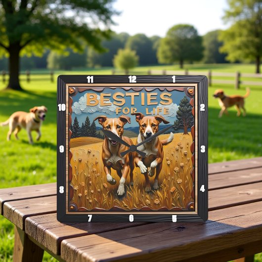 Engraved Dog Pair Blue Sky Field Vierkante Klok