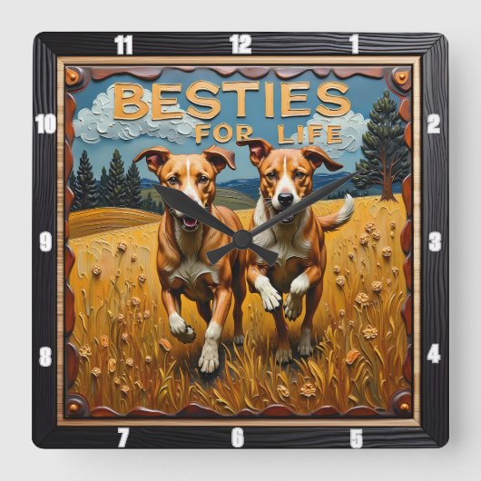 Engraved Dog Pair Blue Sky Field Vierkante Klok (Voorkant)