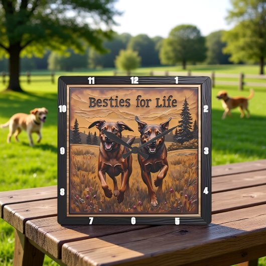 Engraved Dog Pair Happy Forest Vierkante Klok