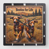 Engraved Dog Pair Mountain Pine Vierkante Klok (Voorkant)