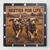 Engraved Dog Pair Running Field Vierkante Klok (Voorkant)