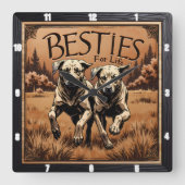 Engraved Dog Pair Sepia Forest Vierkante Klok (Voorkant)