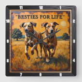 Engraved Dog Pair Sunset Field Vierkante Klok (Voorkant)