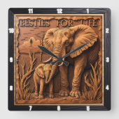 Engraved Elephant Mother Baby At Dust Vierkante Klok (Voorkant)