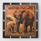 Engraved Elephant Sunset Savannah Vierkante Klok (Voorkant)