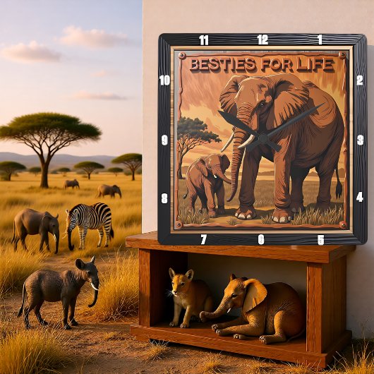 Engraved Elephant Sunset Savannah Vierkante Klok