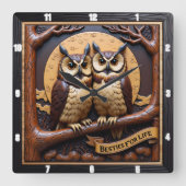 Engraved Owls Branch Banner Brown Vierkante Klok (Voorkant)