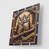 Engraved Owls Branch Banner Brown Vierkante Klok (Hoek)