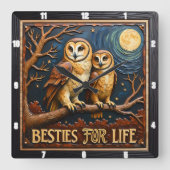 Engraved Owls Branch Full Moon Vierkante Klok (Voorkant)
