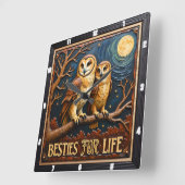 Engraved Owls Branch Full Moon Vierkante Klok (Hoek)