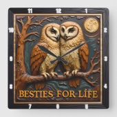 Engraved Owls Branch Moon Besties Vierkante Klok (Voorkant)