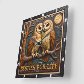 Engraved Owls Branch Moon Besties Vierkante Klok (Hoek)