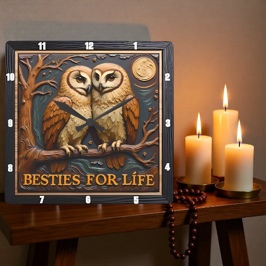 Engraved Owls Branch Moon Besties Vierkante Klok