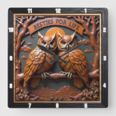 Engraved Owls Branch Orange Besties Vierkante Klok (Voorkant)
