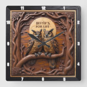 Engraved Owls Branch Rustic Brown Vierkante Klok (Voorkant)