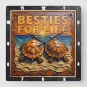 Engraved Turtle Pair Beach Sunset Vierkante Klok (Voorkant)