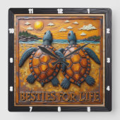 Engraved Turtle Pair Blue Shore Vierkante Klok (Voorkant)