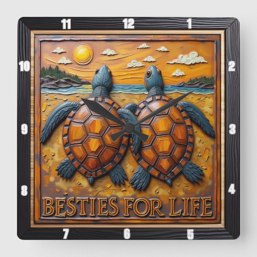 Engraved Turtle Pair Blue Shore Vierkante Klok (Voorkant)