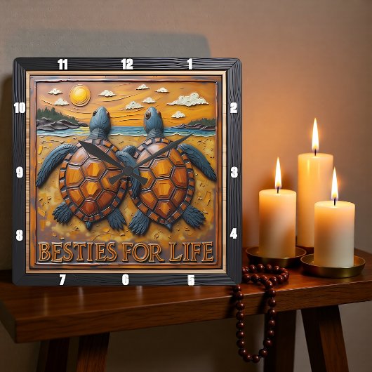 Engraved Turtle Pair Blue Shore Vierkante Klok