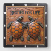 Engraved Turtle Pair Brown Monotone Vierkante Klok (Voorkant)