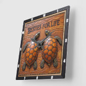 Engraved Turtle Pair Brown Monotone Vierkante Klok (Hoek)