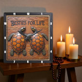 Engraved Turtle Pair Brown Monotone Vierkante Klok