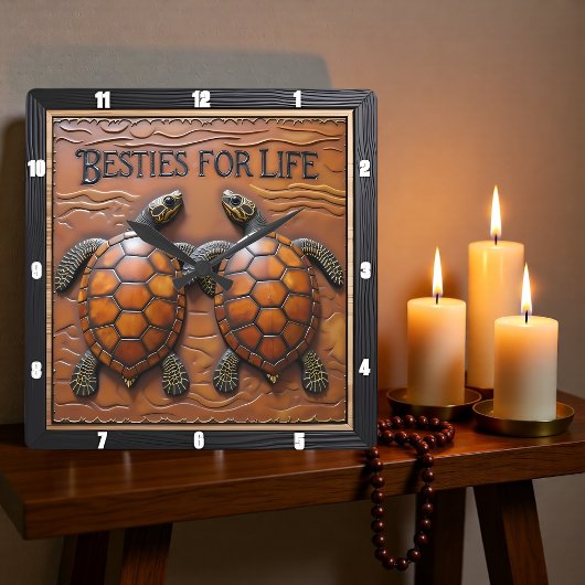 Engraved Turtle Pair Brown Monotone Vierkante Klok