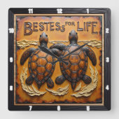 Engraved Turtle Pair Rough Water Vierkante Klok (Voorkant)