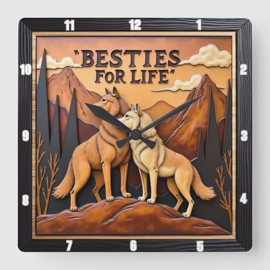 Engraved Wolf Pair Mountain Embrace Vierkante Klok (Voorkant)