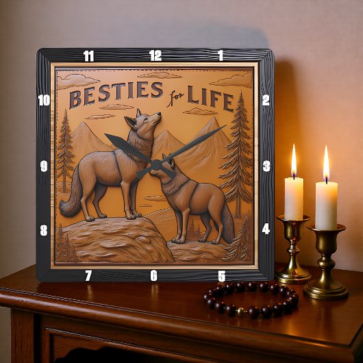 Engraved Wolf Pair Mountain Pine Vierkante Klok