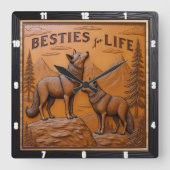 Engraved Wolf Pair Mountain Pine Vierkante Klok (Voorkant)