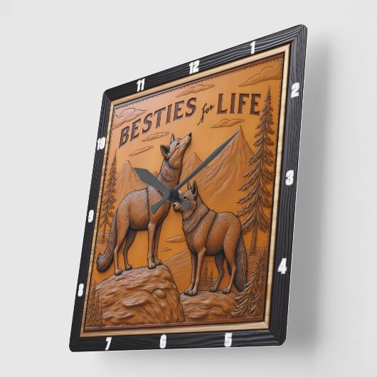 Engraved Wolf Pair Mountain Pine Vierkante Klok (Hoek)