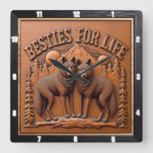 Engraved Wolf Pair Mountain Sunset Vierkante Klok (Voorkant)