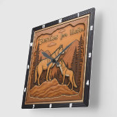 Engraved Wolf Pair Orange Mountain Vierkante Klok (Hoek)
