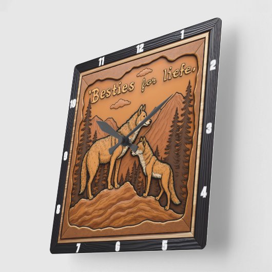 Engraved Wolf Pair Orange Mountain Vierkante Klok (Hoek)