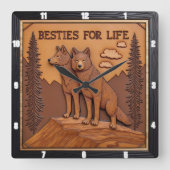 Engraved Wolf Pair Pine Forest Vierkante Klok (Voorkant)